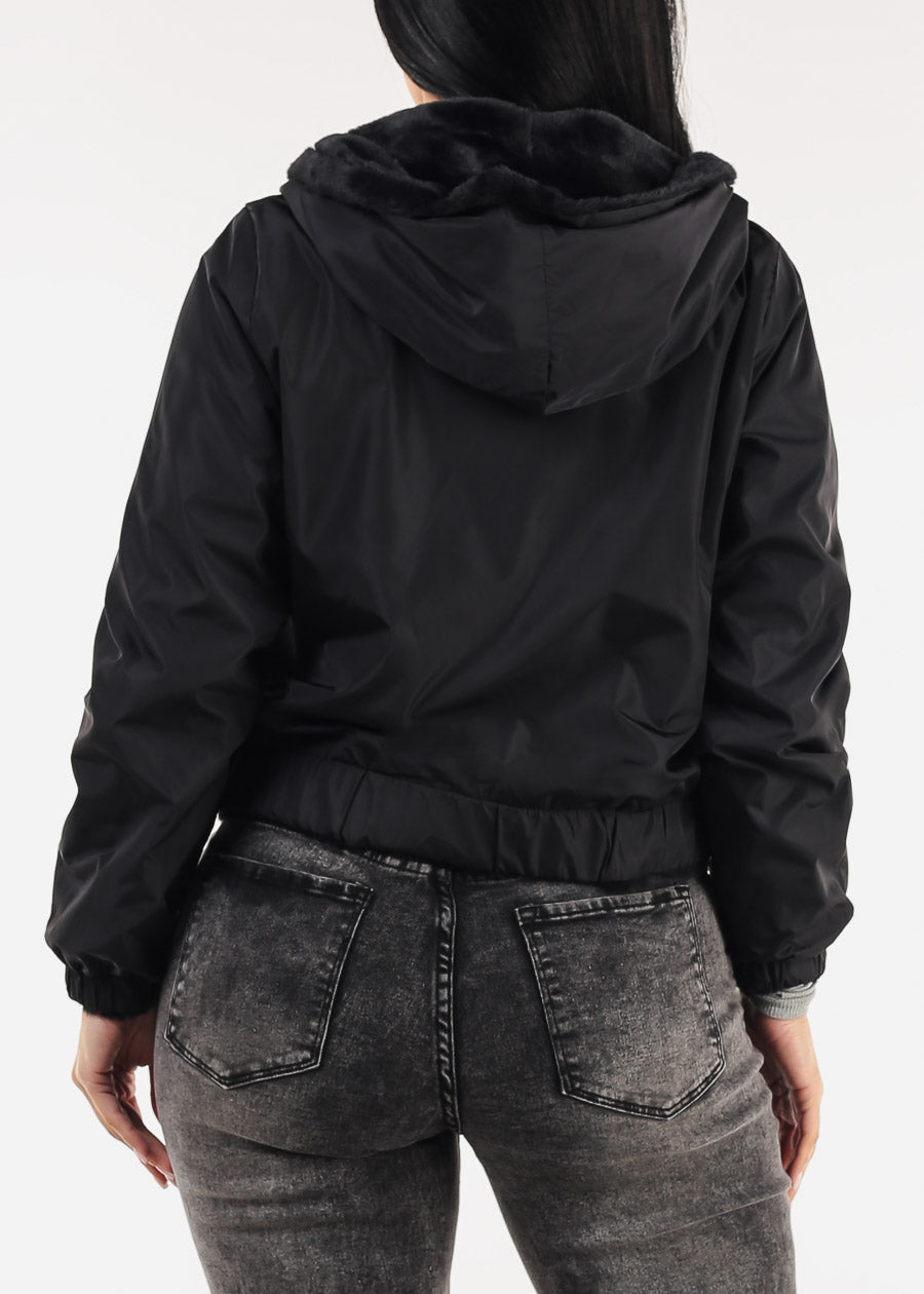 Reversible Faux Fur Zip Up Jacket Black w Hoodie