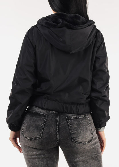 Reversible Faux Fur Zip Up Jacket Black w Hoodie