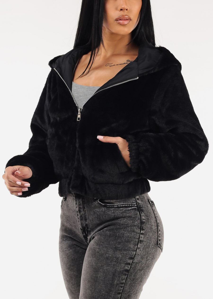 Reversible Faux Fur Zip Up Jacket Black w Hoodie