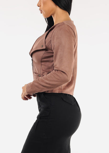 Long Sleeve Zip Up Suede Moto Jacket Dark Mauve
