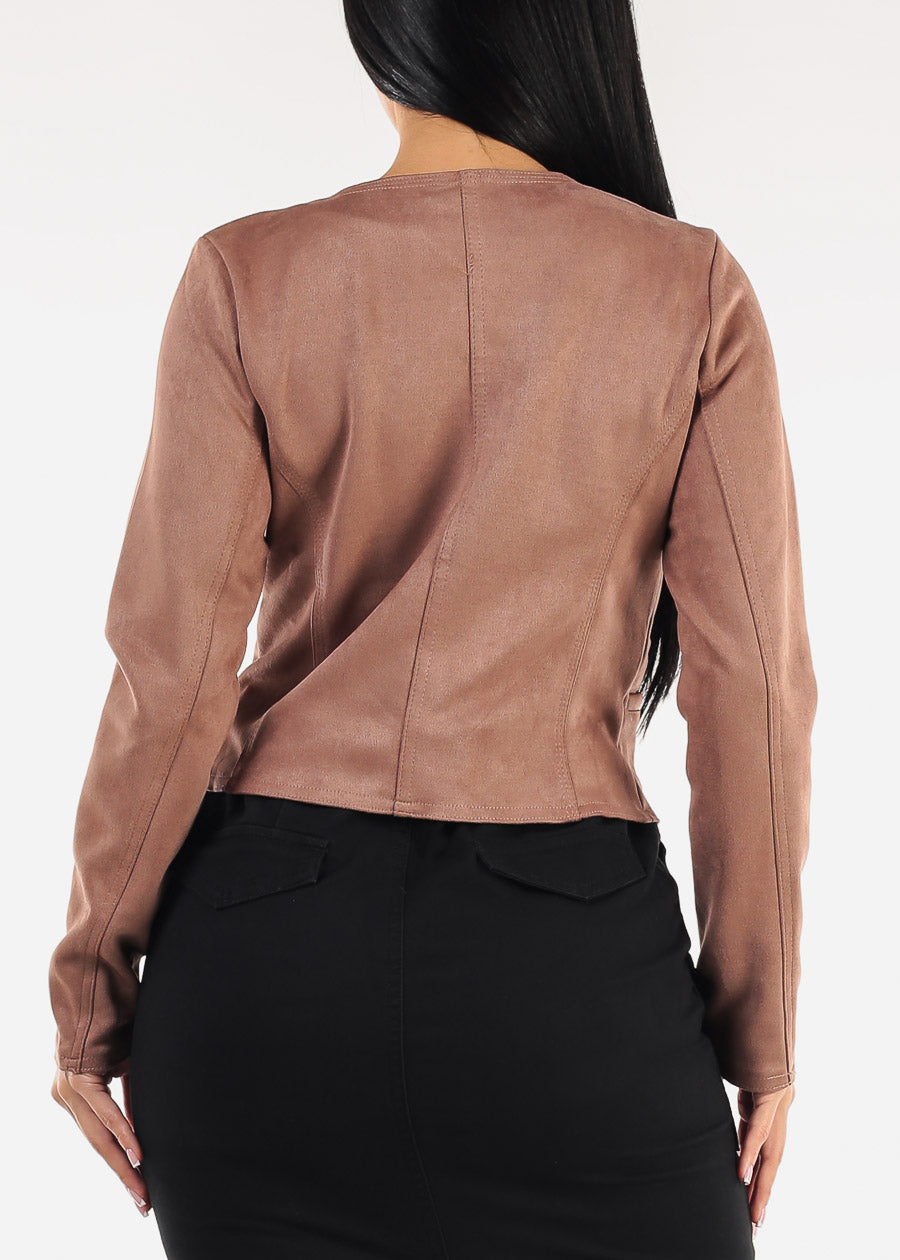 Long Sleeve Zip Up Suede Moto Jacket Dark Mauve