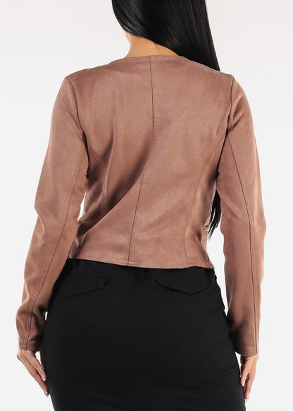 Long Sleeve Zip Up Suede Moto Jacket Dark Mauve