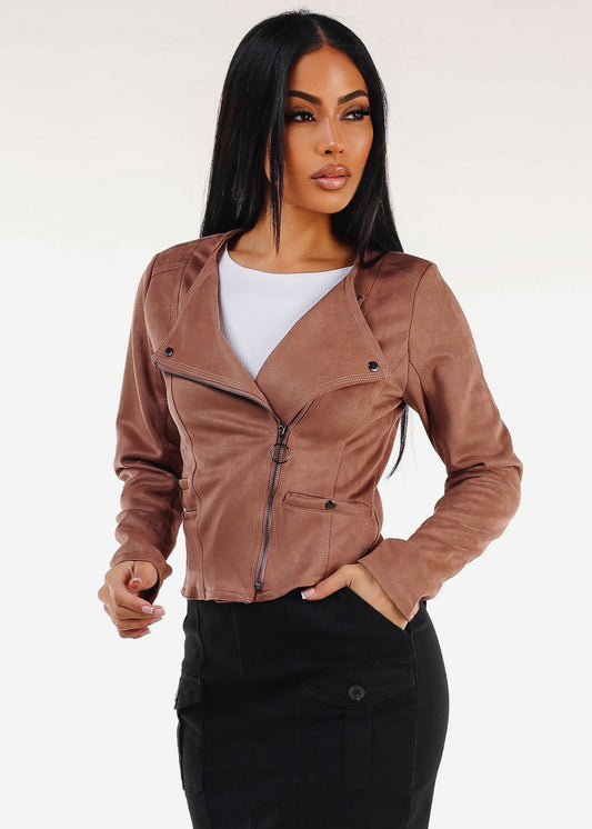 Long Sleeve Zip Up Suede Moto Jacket Dark Mauve