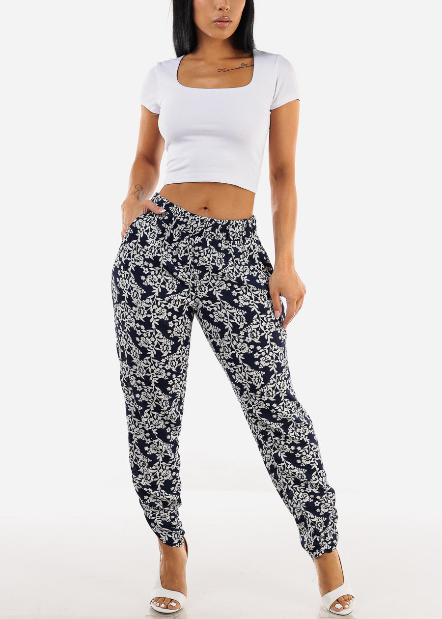 Casual Super High Waist Printed Pants Navy & White