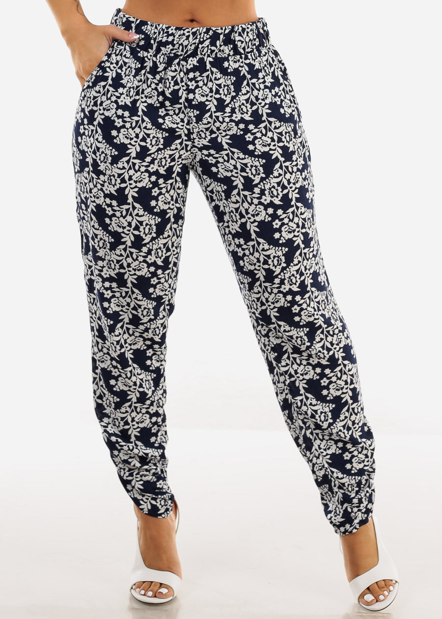 Casual Super High Waist Printed Pants Navy & White