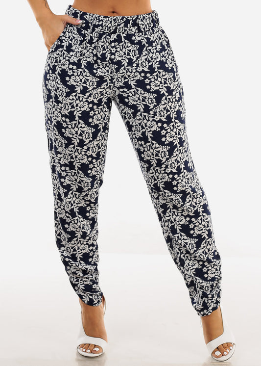 Casual Super High Waist Printed Pants Navy & White