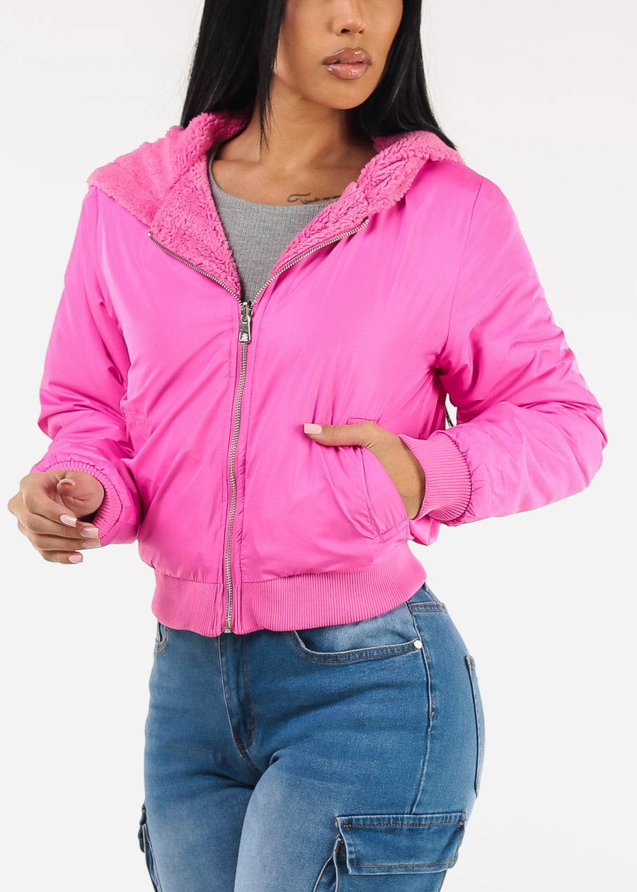 Reversible Sherpa Zip Up Jacket Hot Pink w Hoodie