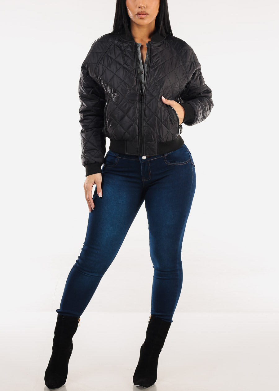 Zip Up Long Sleeve Quilted Jacket Black