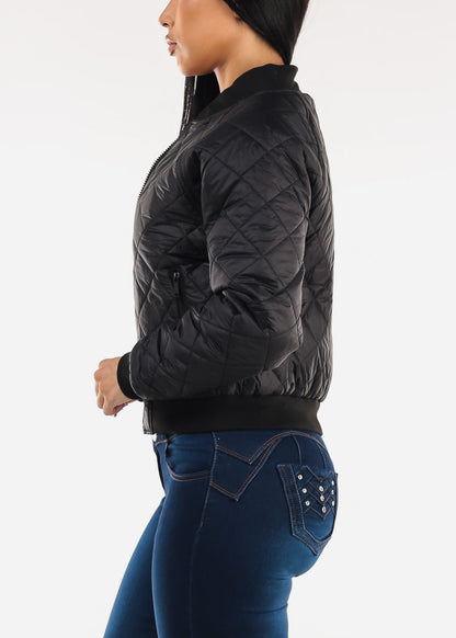 Zip Up Long Sleeve Quilted Jacket Black