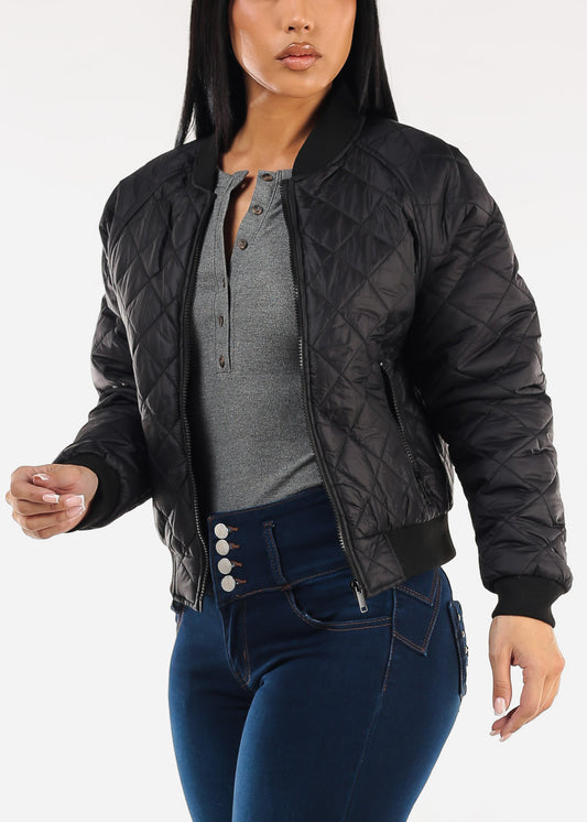 Zip Up Long Sleeve Quilted Jacket Black