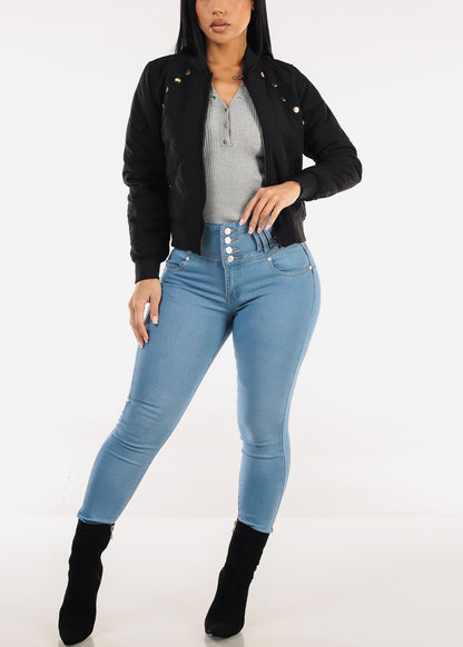 Long Sleeve Zip Up Quilted Jacket Black