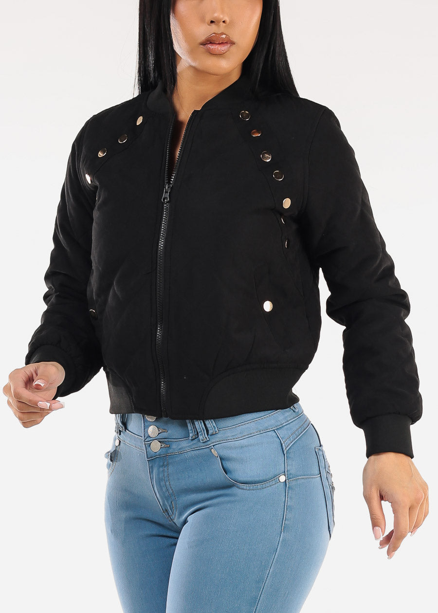 Long Sleeve Zip Up Quilted Jacket Black