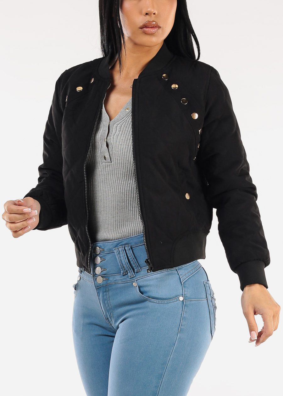 Long Sleeve Zip Up Quilted Jacket Black