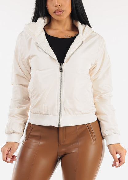 Reversible Sherpa Zip Up Jacket White w Hoodie