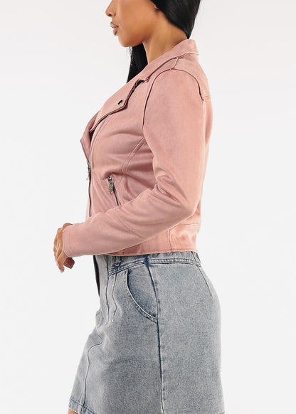 Zip Up Long Sleeve Faux Suede Moto Jacket Mauve