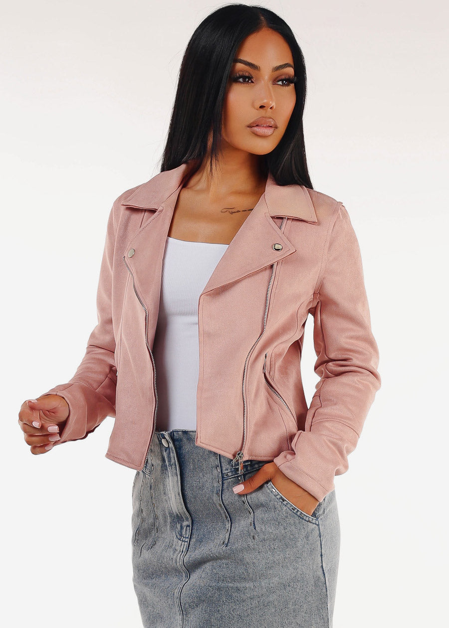 Zip Up Long Sleeve Faux Suede Moto Jacket Mauve
