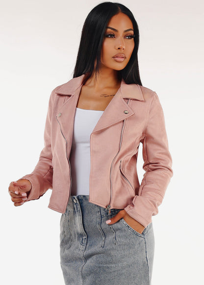 Zip Up Long Sleeve Faux Suede Moto Jacket Mauve