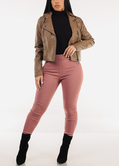 Zip Up Vegan Leather Moto Jacket Brown