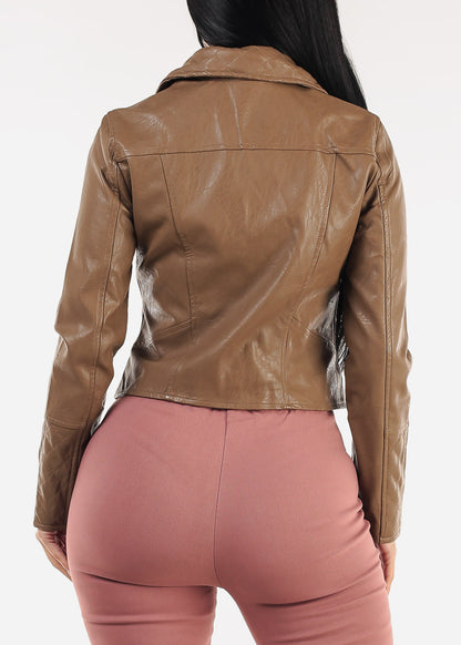 Zip Up Vegan Leather Moto Jacket Brown