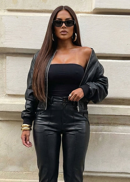 Black Vegan Leather Bomber Jacket