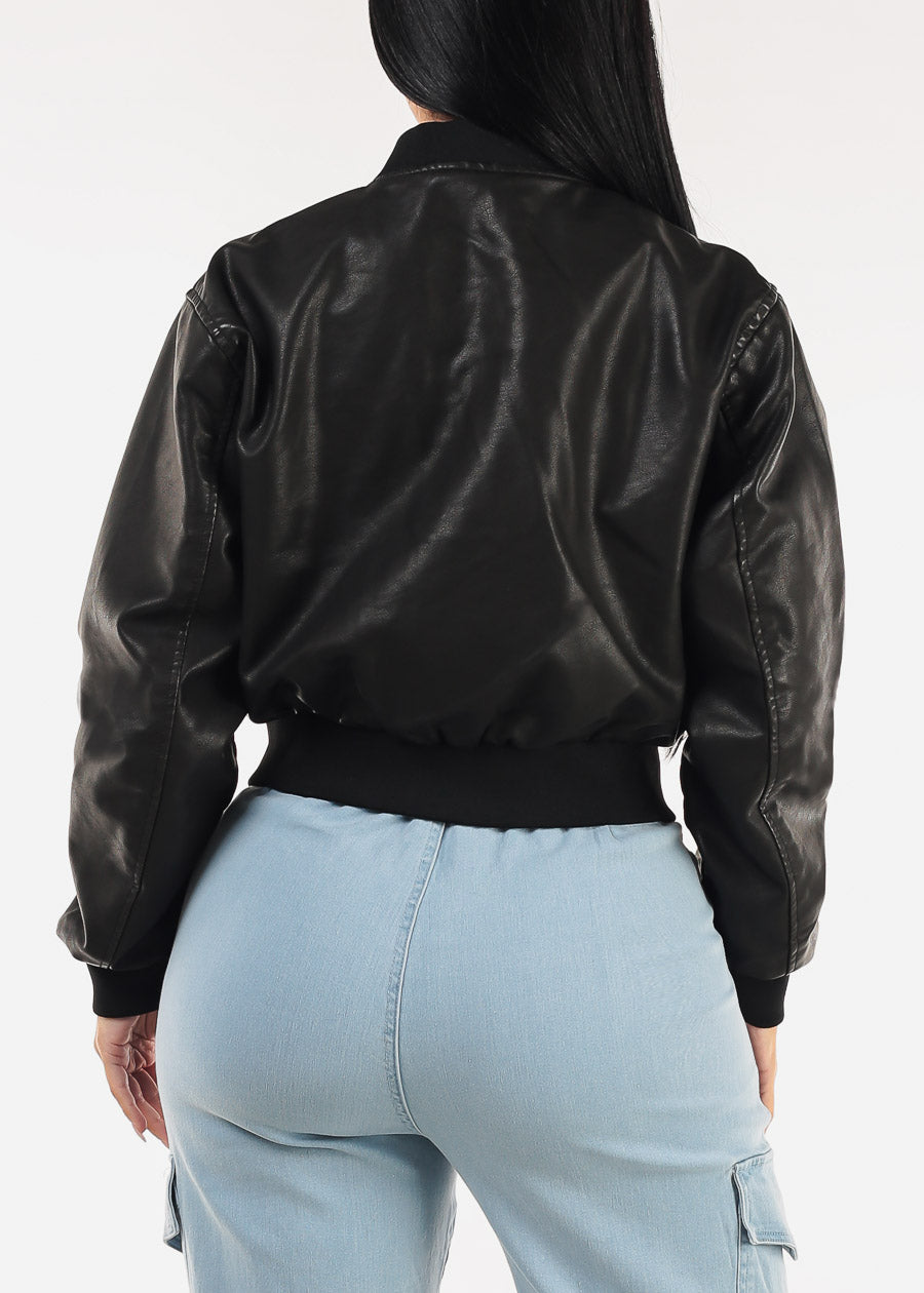 Black Vegan Leather Bomber Jacket