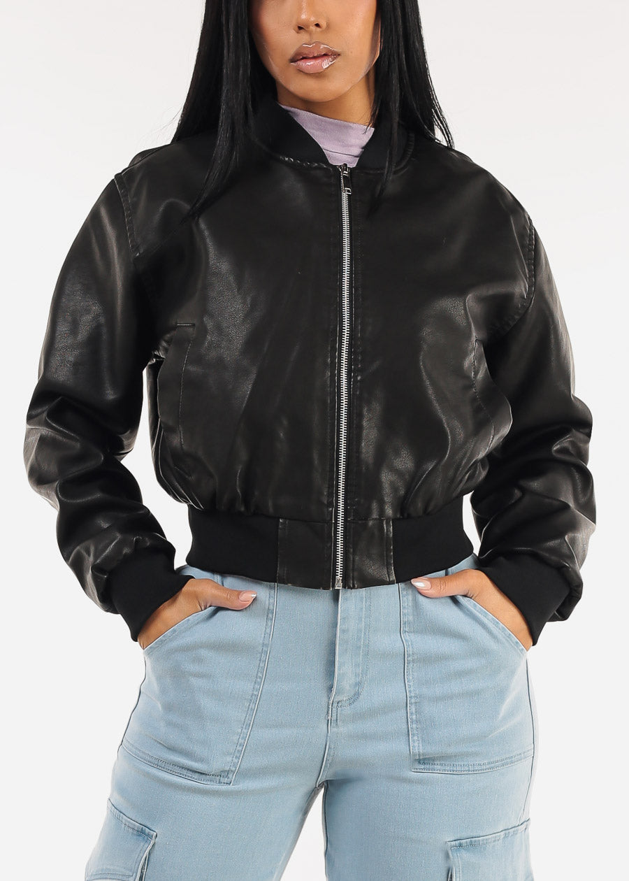 Black Vegan Leather Bomber Jacket