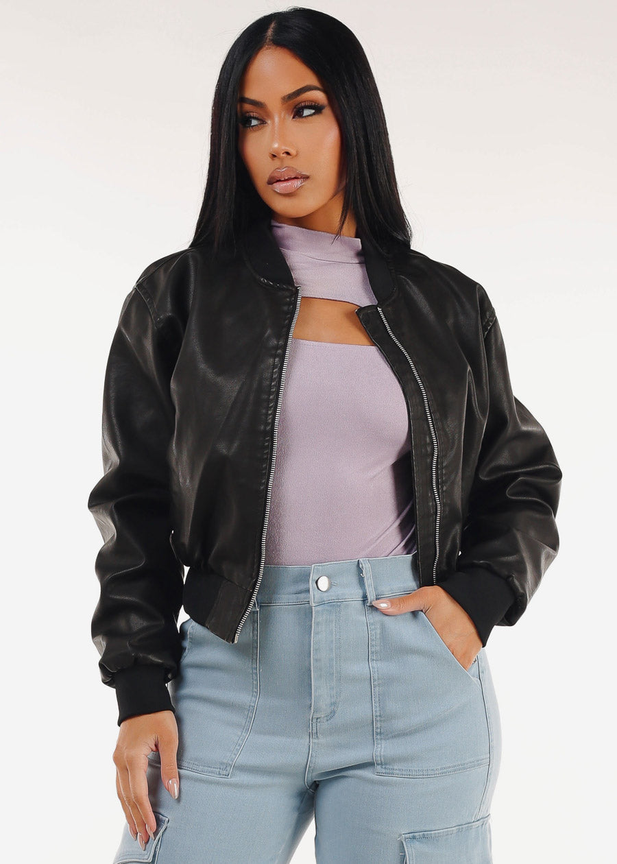 Black Vegan Leather Bomber Jacket