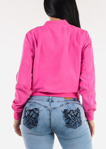 Long Sleeve Zip Up Bomber Jacket Fuchsia