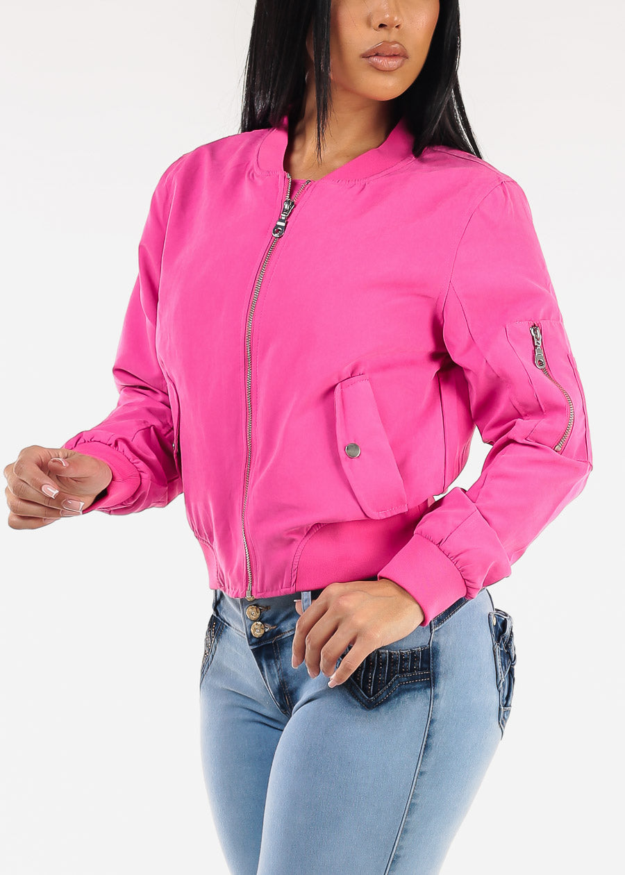 Long Sleeve Zip Up Bomber Jacket Fuchsia