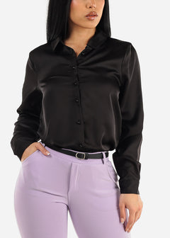 Black Long Sleeve Satin Button Up Collared Blouse