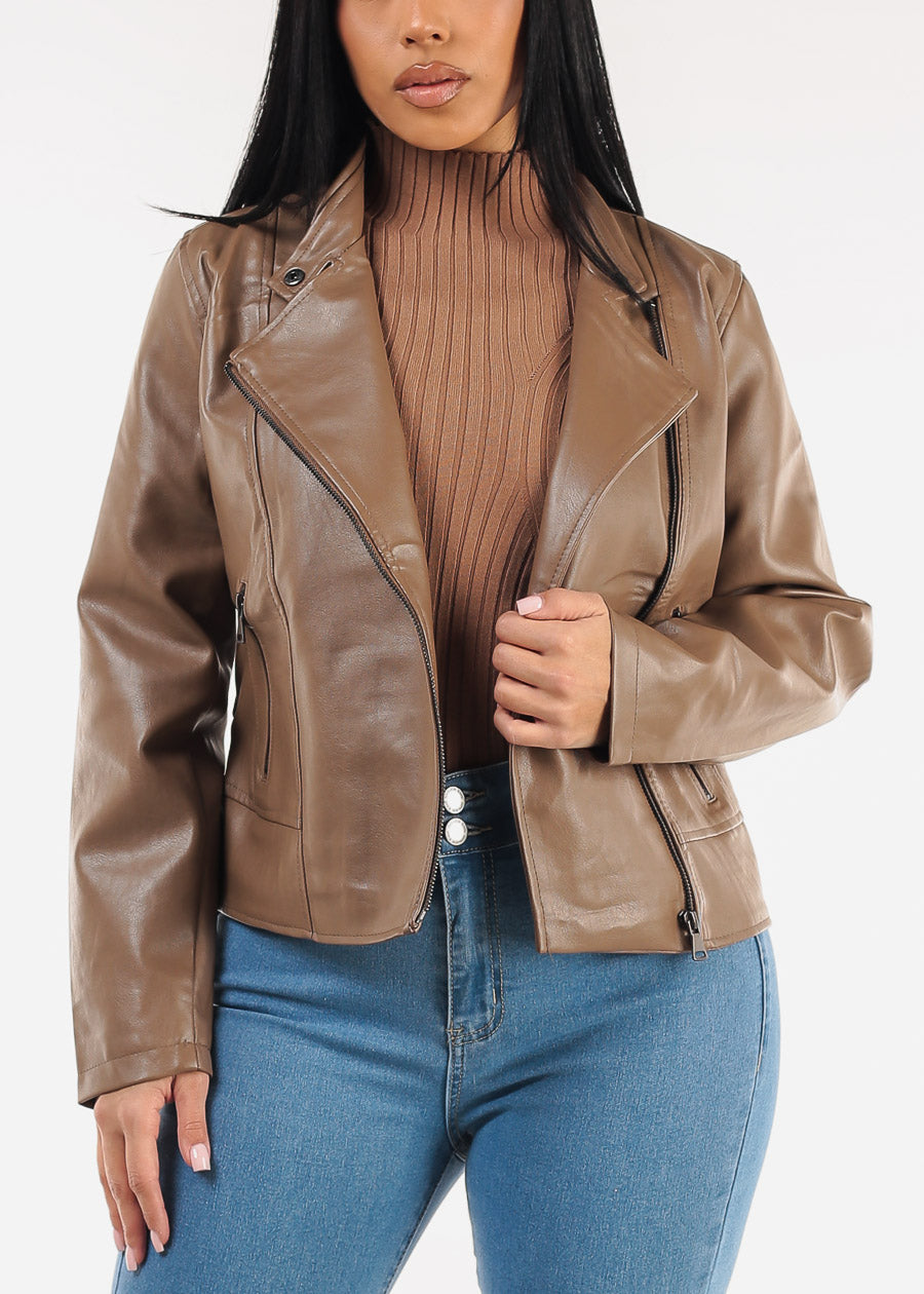 Zip Up Vegan Leather Moto Jacket Brown