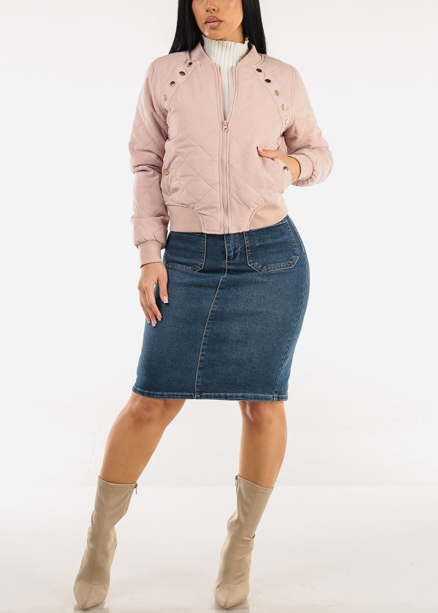 Long Sleeve Zip Up Quilted Jacket Dusty Pink