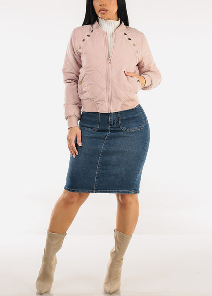 Long Sleeve Zip Up Quilted Jacket Dusty Pink