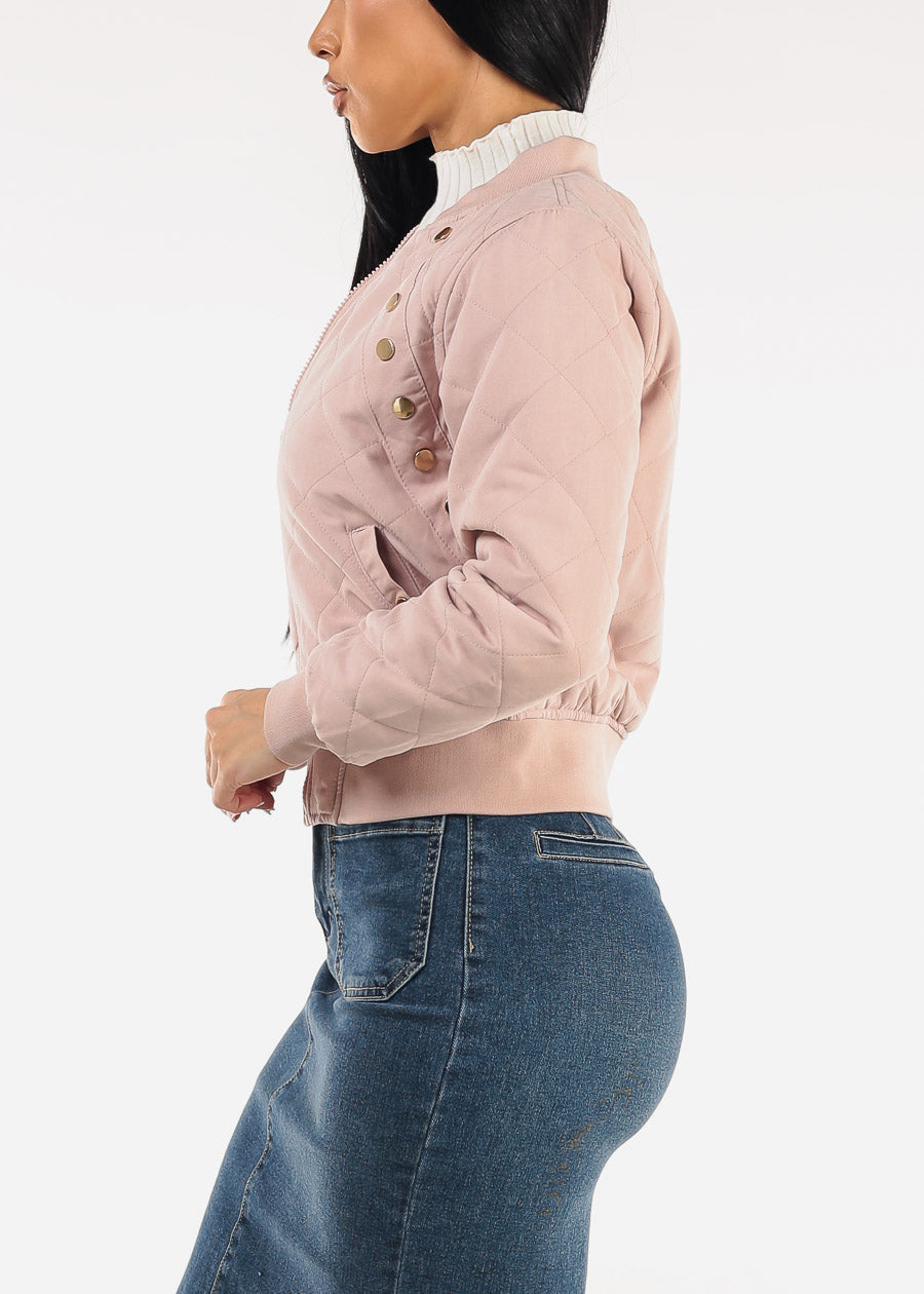 Long Sleeve Zip Up Quilted Jacket Dusty Pink