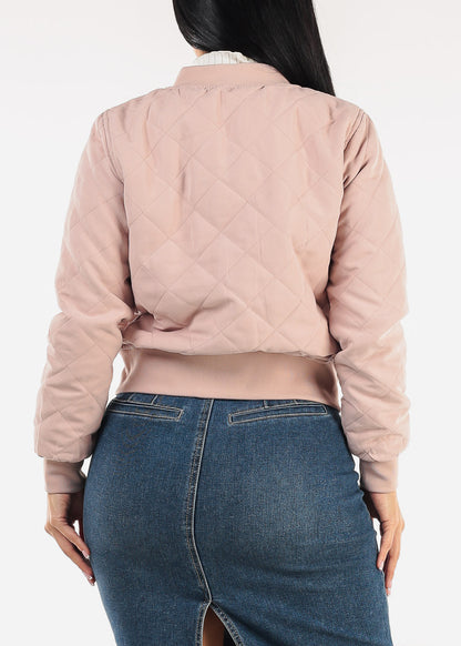 Long Sleeve Zip Up Quilted Jacket Dusty Pink