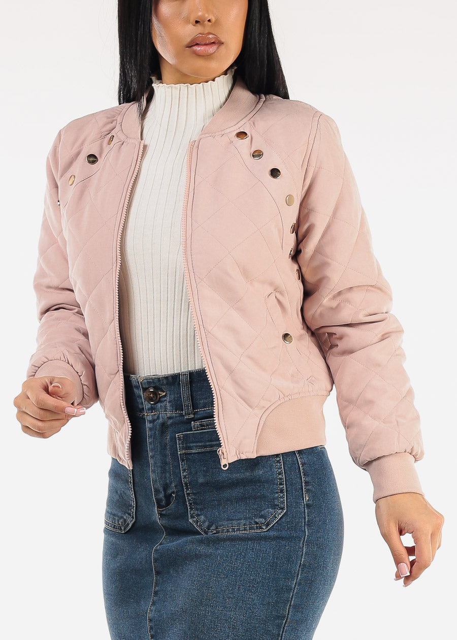 Long Sleeve Zip Up Quilted Jacket Dusty Pink