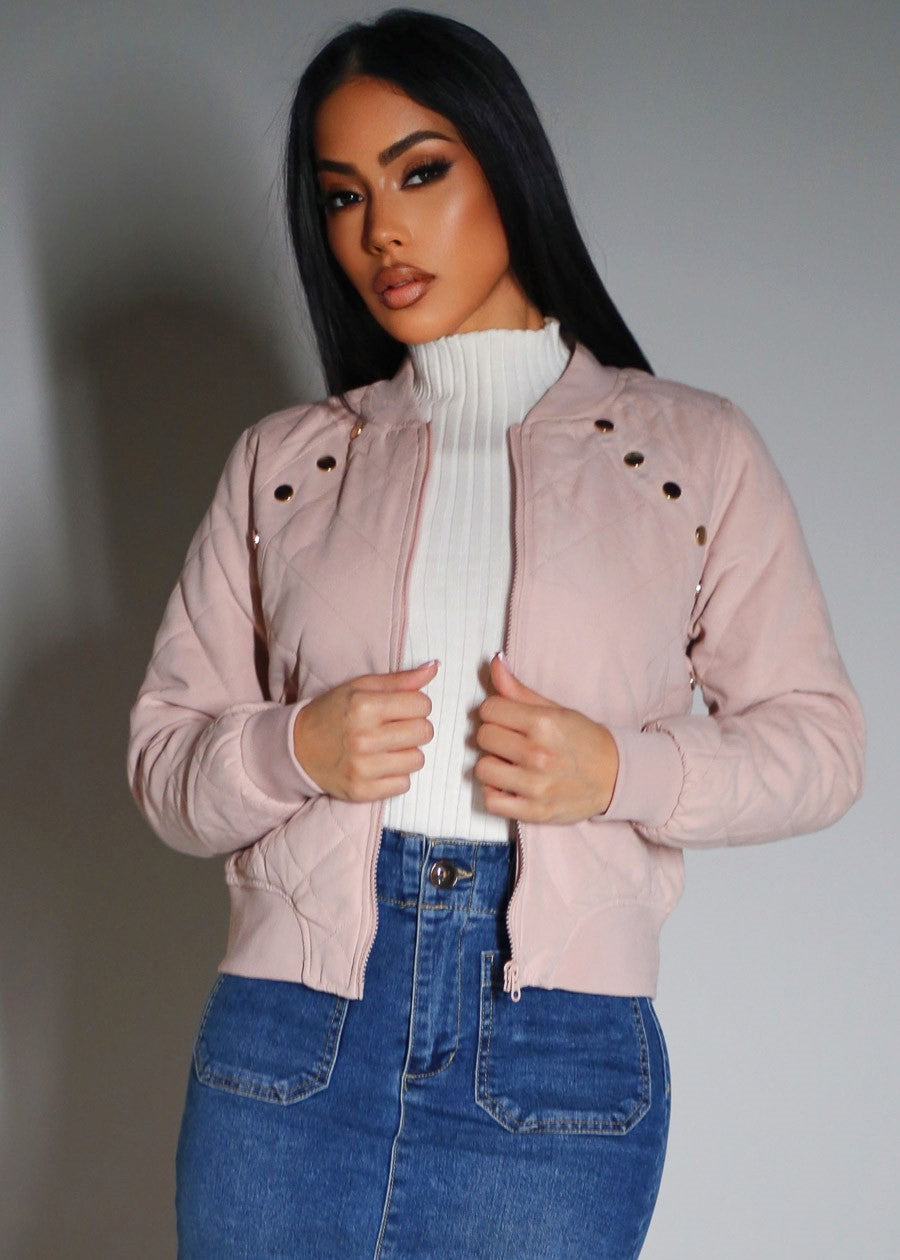 Long Sleeve Zip Up Quilted Jacket Dusty Pink