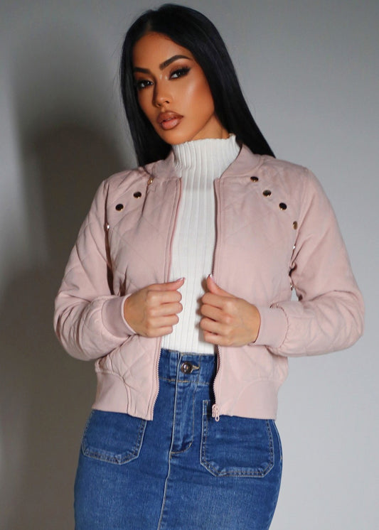 Long Sleeve Zip Up Quilted Jacket Dusty Pink