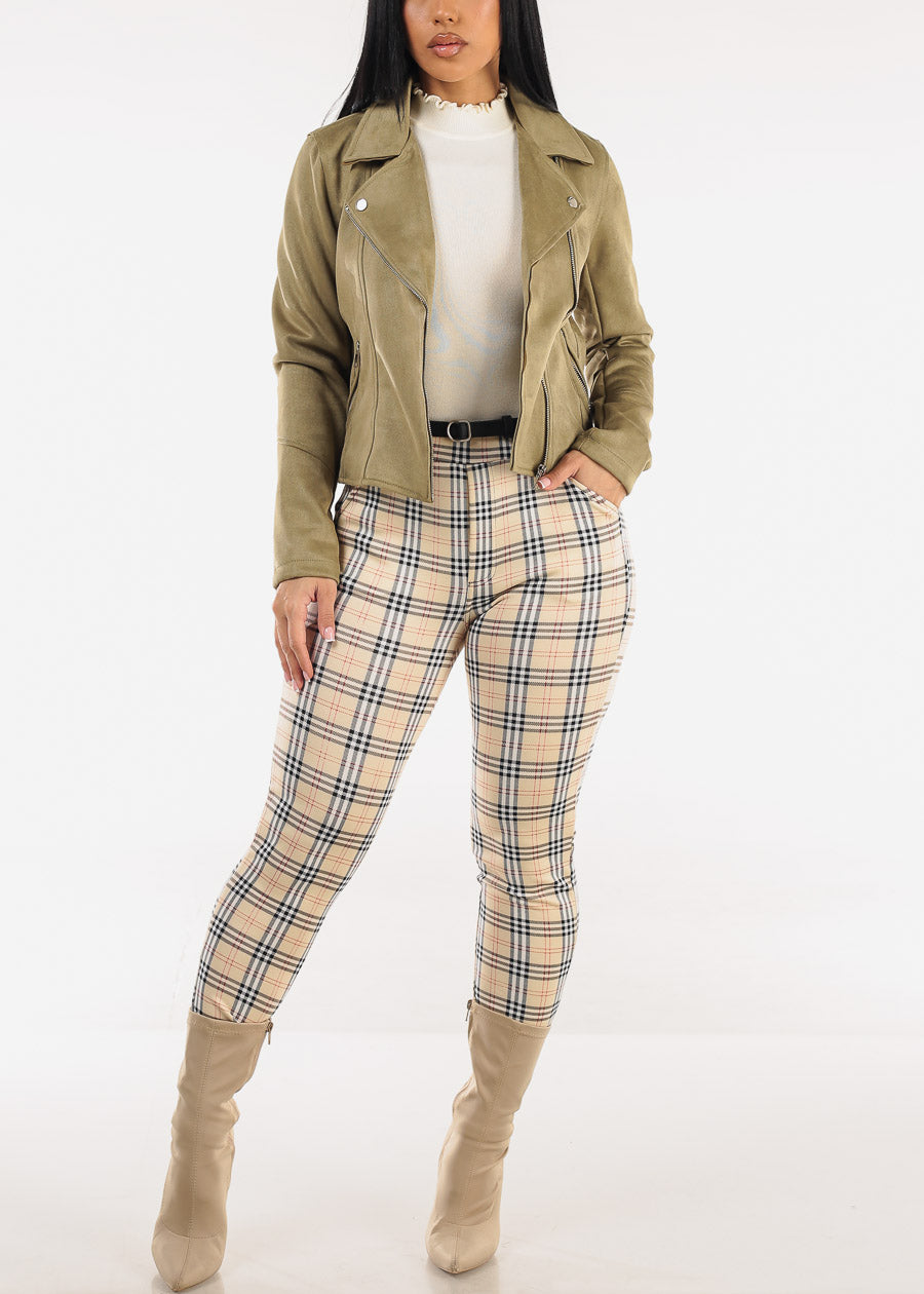 Zip Up Long Sleeve Faux Suede Moto Jacket Olive