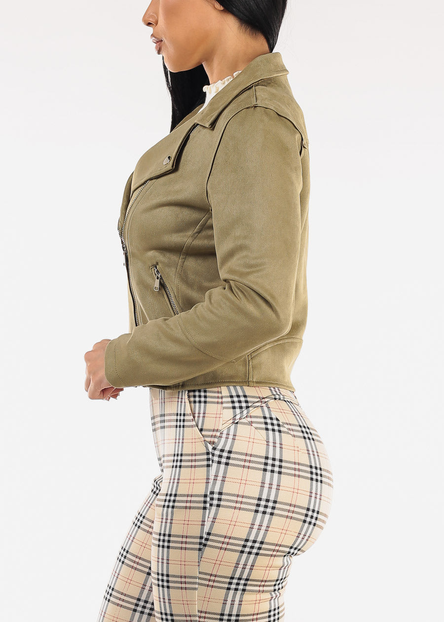 Zip Up Long Sleeve Faux Suede Moto Jacket Olive