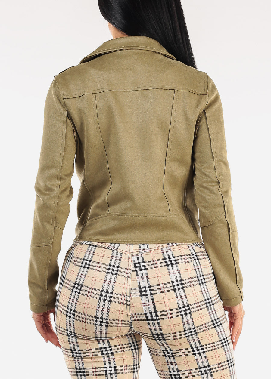 Zip Up Long Sleeve Faux Suede Moto Jacket Olive