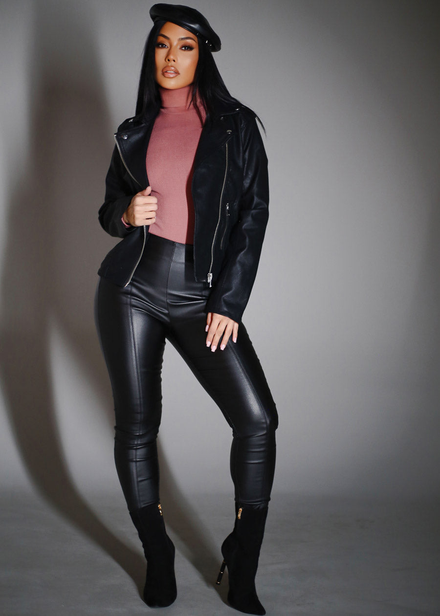 Black Vegan Leather Zip Up Moto Jacket