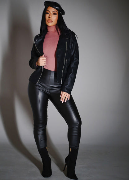 Black Vegan Leather Zip Up Moto Jacket