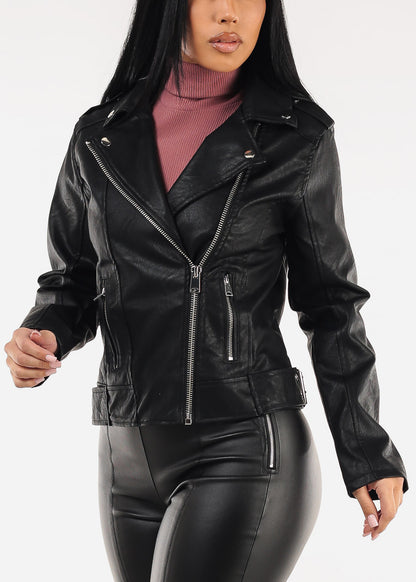 Black Vegan Leather Zip Up Moto Jacket
