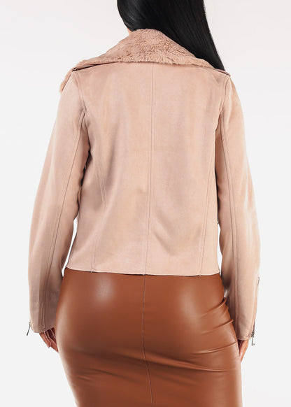 Zip Up Long Sleeve Suede Jacket Blush w Faux Fur