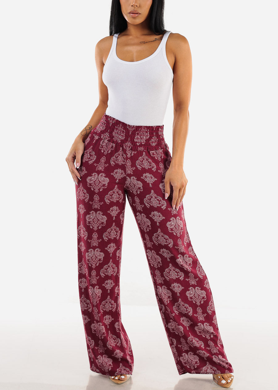 Boho Smocked Waist Floral Palazzo Pants Burgundy