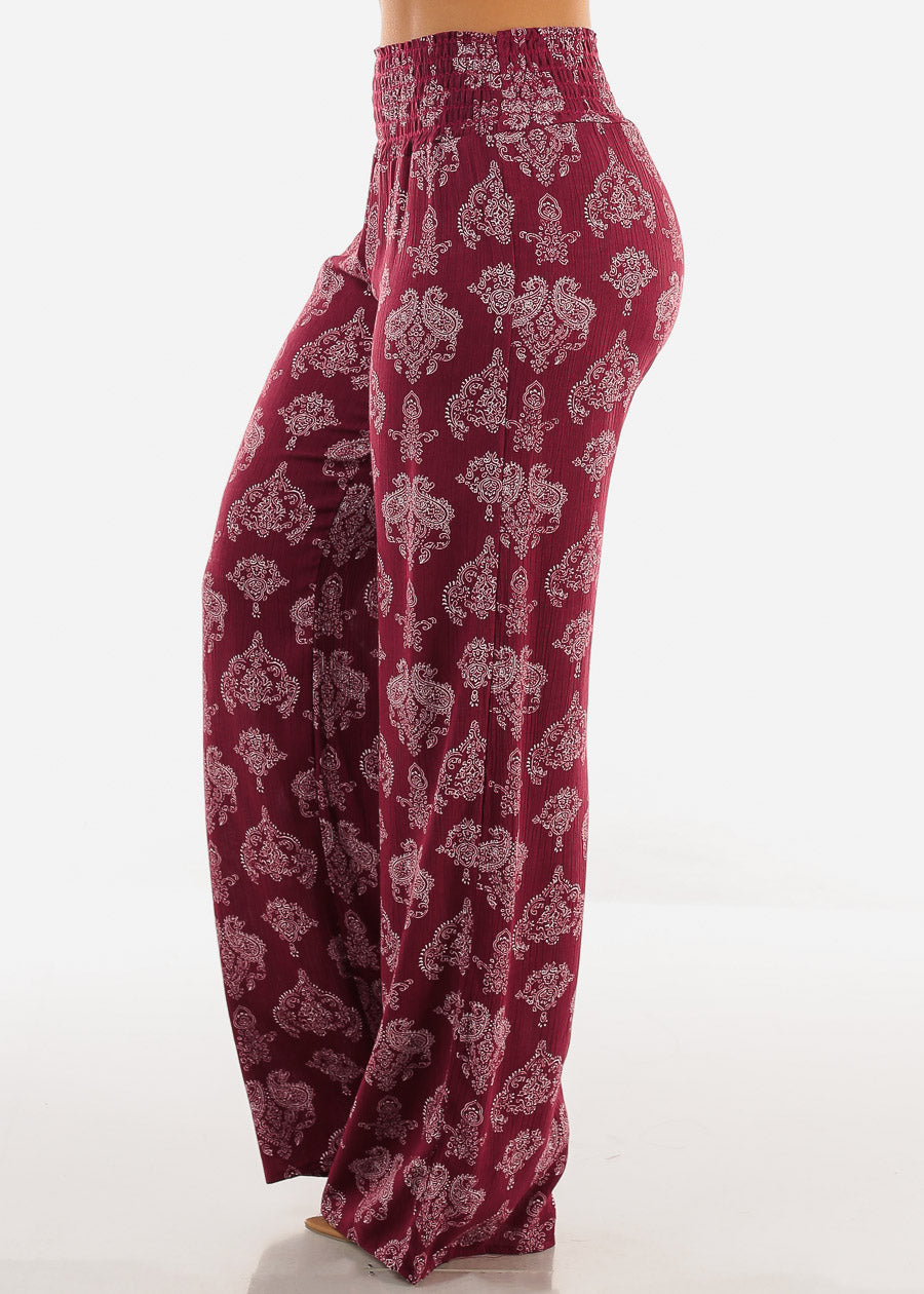 Boho Smocked Waist Floral Palazzo Pants Burgundy