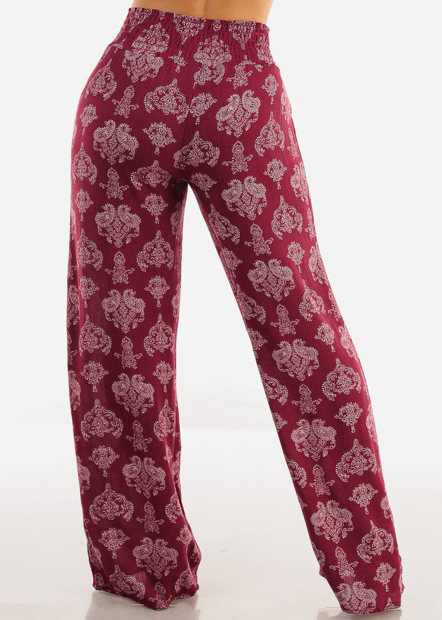 Boho Smocked Waist Floral Palazzo Pants Burgundy