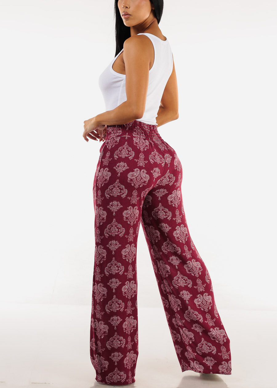 Boho Smocked Waist Floral Palazzo Pants Burgundy