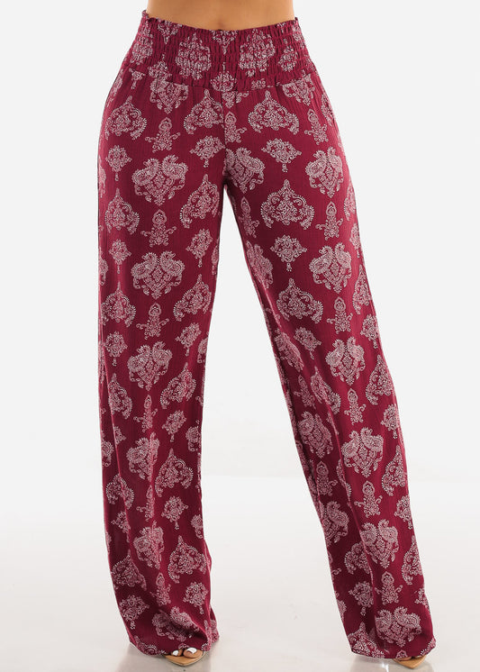 Boho Smocked Waist Floral Palazzo Pants Burgundy